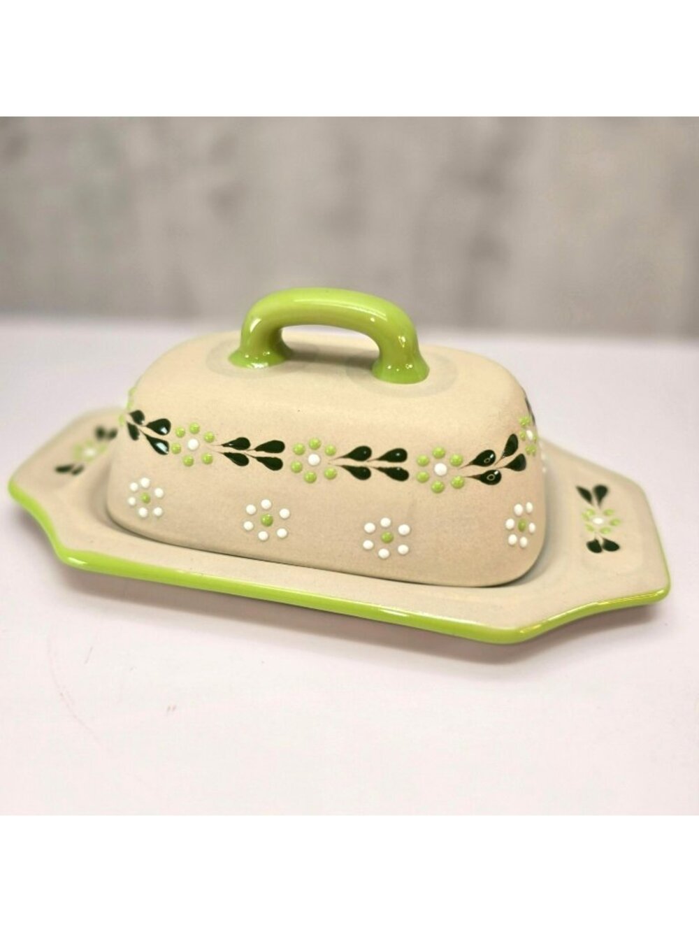 Vintage Ceramic Butter Dish & Lid With Green Floral Design Hand-Painted CM2352